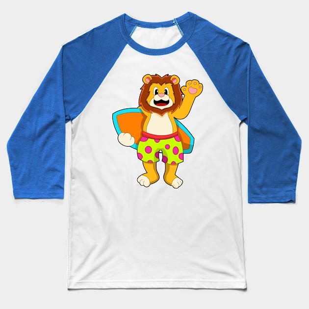 Lion as Surfer with Surfboard Baseball T-Shirt by Markus Schnabel